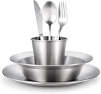 Odoland Stainless Steel Camping Mess Kit for Family & Person | Cooking Tableware Utensils with Plates Bowls Forks Spoons Knives & Savings Bag for Camping, Backpacking, Hiking, Picnic