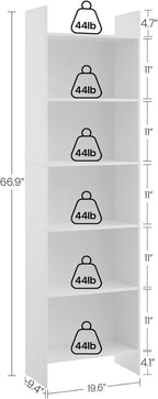 6-Tier Bookshelf, 66.9 Inches Floor Standing Bookcase, Display Storage Shelf, Corner Shelf, Home Decor Furniture for Home Office, Living Room, Bedroom, White 01103XBC