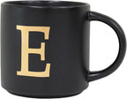 COLLECTIVE HOME - Monogram Ceramic Mugs, 15 oz Golden Initial Black Coffee Cups, Elegant Alphabet Tea Mugs, Elegant Personalized Mug with Gift Box, Unique Mug with Double Side Capital Lette (E)