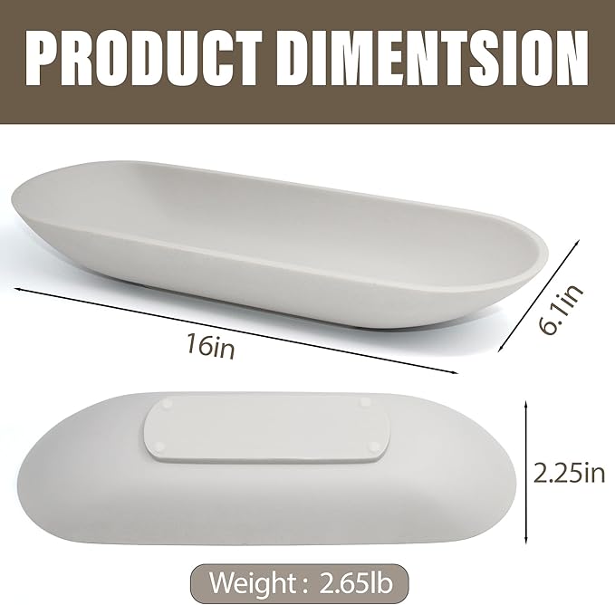 Large Decorative Bowl for Home Decor - Long Dough Bowls with Anti Slip Base for Table Centerpieces - Grey Minimalist Design Dough Decor Bowl for Coffee Table, Dining Table Centerpiece