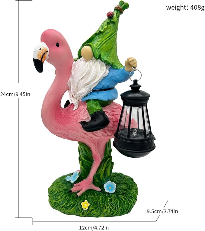 Gnomes Flamingo with Solar Lantern, Whimsical Decor for Garden, Yard, Patio, Lawn, LED Lights - Unique Gift for Women, Mom, Friends(Red Gnomes)