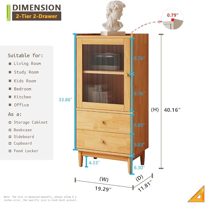 Wooden Glass Door Bookcase - 2-Tier Cube Bookshelf Storage Cabinet with Double Drawer and Adjustable Shelf, Solid Wood Legs Cupboard in Pear Yellow