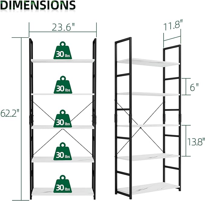 OTK 5 Tier Bookshelf, Tall Bookcase, Office Shelf Storage Organizer, Modern Book Shelf for Living Room, Bedroom, and Home Office, White Marble