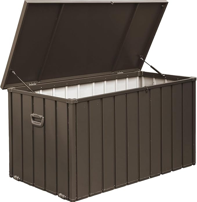 100 Gallon Outdoor Deck Box Lockable Metal Indoor Outdoor Storage Container with Side Handle, Waterproof Storage Box with Rolling Castors for Patio Garden Tools, Pools Equipment, Cushions, Brown