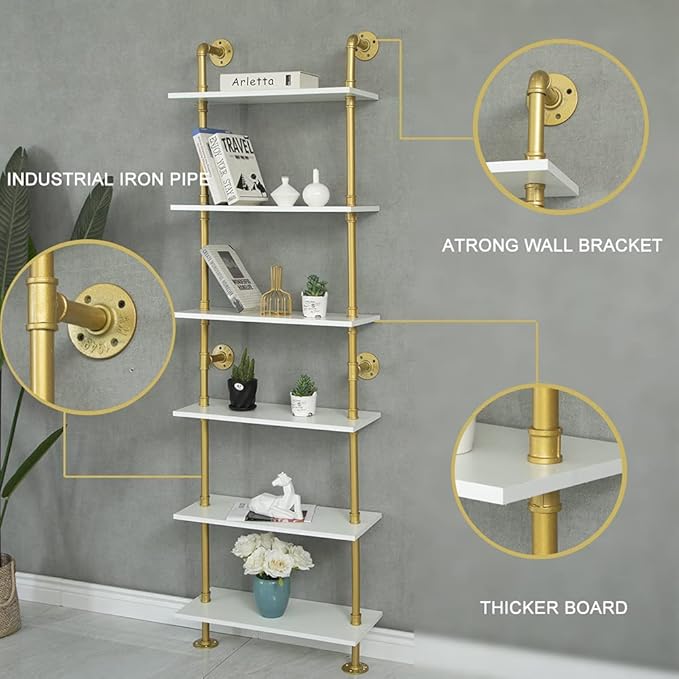Industrial Gold Bookshelf-6 Tier Wall Mounted Ladder Bookshelf, Rustic Gold Storage Book Shelves Display Bookcases for Living Room/Home/Office