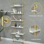 Industrial Gold Bookshelf-6 Tier Wall Mounted Ladder Bookshelf, Rustic Gold Storage Book Shelves Display Bookcases for Living Room/Home/Office