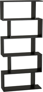 Yusong Bookshelf 5-Tier, Geometric Bookcase S Shaped Book Shelves for Bedroom, Modern Wood Decorative Display Shelf Book Case for Home Office, Black