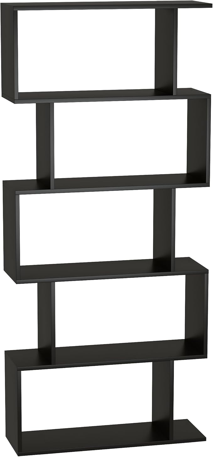Yusong Bookshelf 5-Tier, Geometric Bookcase S Shaped Book Shelves for Bedroom, Modern Wood Decorative Display Shelf Book Case for Home Office, Black