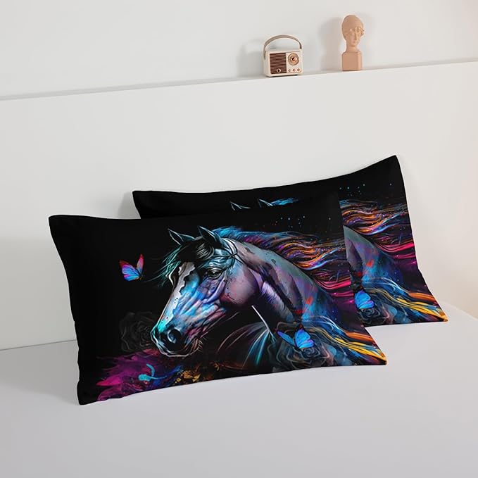 HOSIMA 3 Pieces Art Horse Comforter with 2 Pillowcases,Wildlife Horse Butterfly Black Comforter Set Boys Teens Aesthetic Room Decor,Animal Bedding King Size Comforter Set for adults.