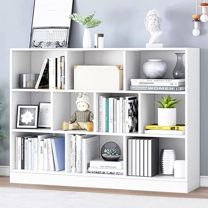 IOTXY Open Shelf Low Bookcase - Wooden 3-Tier Floor Standing Display Cabinet Organizer with Base, 10 Cubes Short Horizontal Bookshelf in Warm White