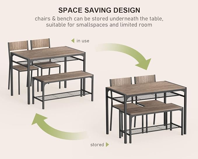 Gizoon 4-Piece Dining Table Set for 4, Kitchen Table with Bench Grey | Space-saving grey 4-piece dinette set with metal storage rack. Includes 2 ergonomic chairs and 1 bench. Easy to clean.