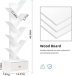 8 Tier Tree Bookshelf with Drawer, Free Standing Wood Bookcase for Living Room, Bedroom, Home Office, Space Saving Storage Organizer Bookshelves for Books, CDs, Vinyl Records- White
