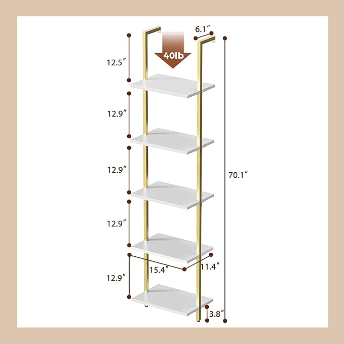 SUPERJARE 5 Tier Bookshelf, Narrow Book Shelf with Open Display Shelves, Small Bookcase with Metal Frame for Bedroom, Living Room, White and Gold
