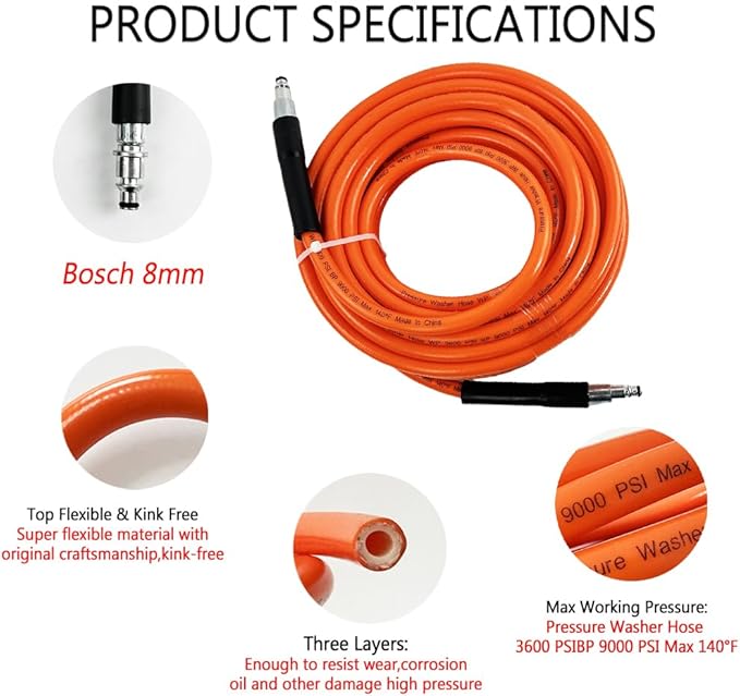 5800PSI/400Bar Ultra Flexible Pressure Washer Hose for Bosch Home Cleaning, 5M-30M High Pressure Extension Tube with Quick-Connect Adapter,(Red/Blue/Yellow/Green/Grey/Orange/Light Blue)(Orange,64FT)