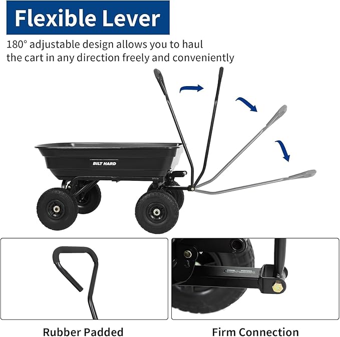 BILT HARD 4 Cu.Ft. 10" No-Flat Tires Poly Yard Dump Cart with 180° Rotating Handle, 600 lbs Capacity Heavy Duty Garden Carts and Wagons