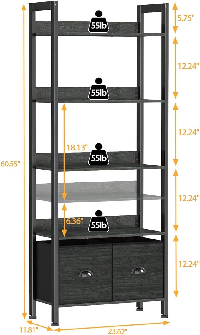 Furologee 5-Tier Bookshelf, Tall Bookcase with 2 Storage Drawers, Industrial Display Standing Shelf Units, Wood and Metal Storage Shelf for Living Room, Bedroom, Home Office, Black Oak
