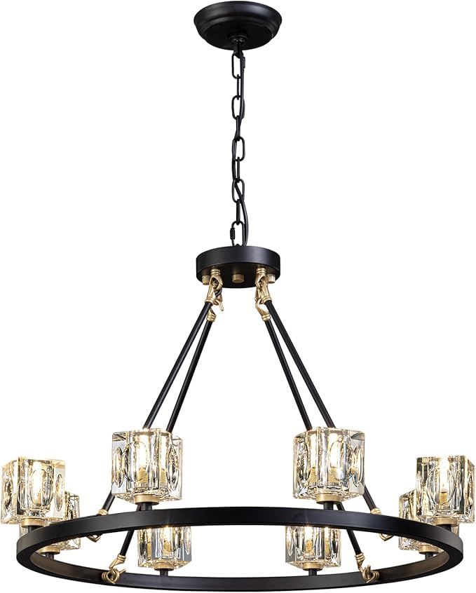 Black Wagon Wheel Chandelier, 8-Light Farmhouse Crystal Chandeleirs with Adjustable Height,Ceiling Hanging Light Fixture Pendant Lights for Living Room,Bedroom,Kitchen Island,Dining Room,Bedroom