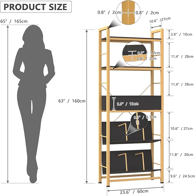 Bookshelf with Drawers- 60'' Wide Industrial Book Shelf with Bookend, 5 Tiers Tall Storage Shelves, Steel Frame Display Rack, Suitable for Bedroom, Office, Living Room-27'' Depth Black