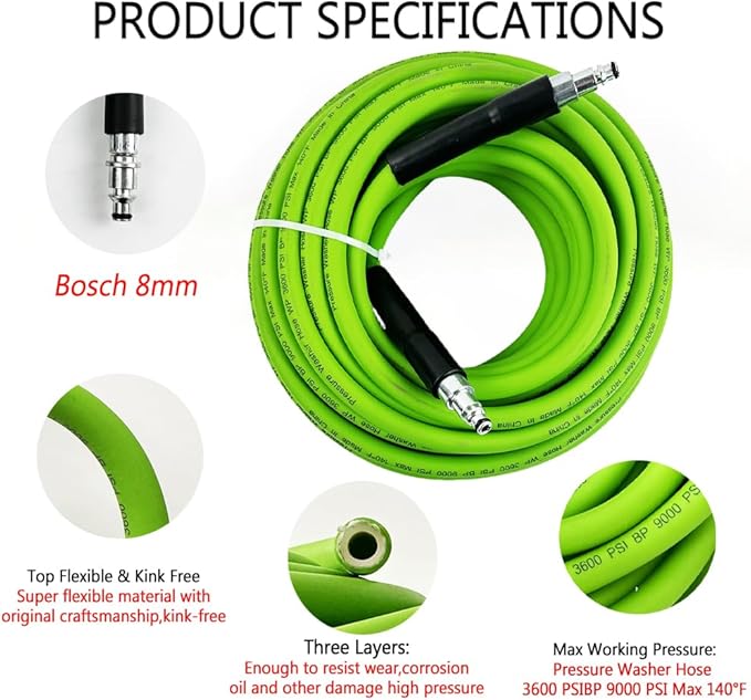 5800PSI/400Bar Ultra Flexible Pressure Washer Hose for Bosch Home Cleaning, 5M-30M High Pressure Extension Tube with Quick-Connect Adapter,(Red/Blue/Yellow/Green/Grey/Orange/Light Blue)(Green,16FT)