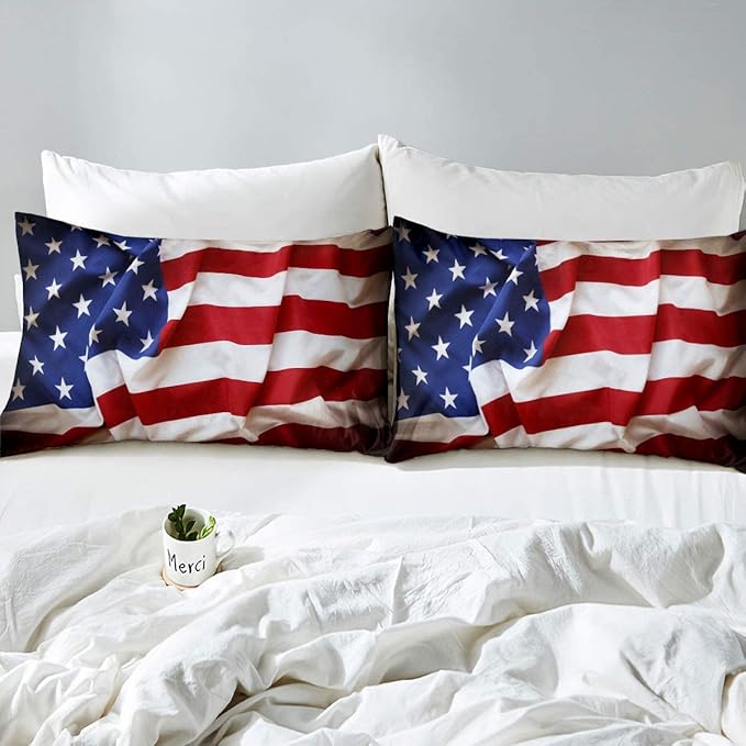 Erosebridal American Flag Comforter Set, United States Down Comforter King Size for Kids Boys Teens, USA Federations Stars Bedding Set Geometric Stripes Quilted Duvet for Bedroom, Blue White and Red