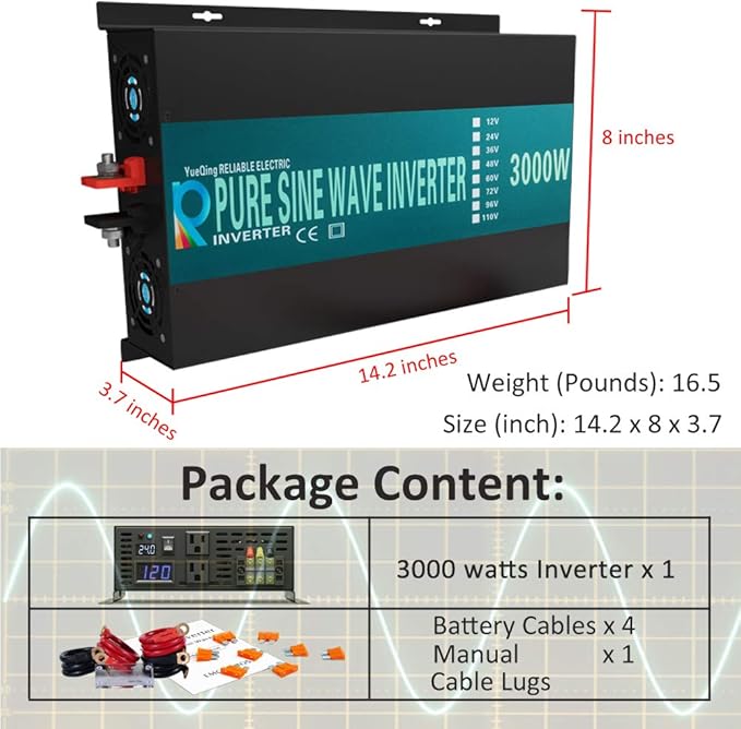 WZRELB 3000W 48V 120V Pure Sine Wave Power Inverter Remote Control with 2 AC Outlets,Car Inverter (RBPRC-300048)