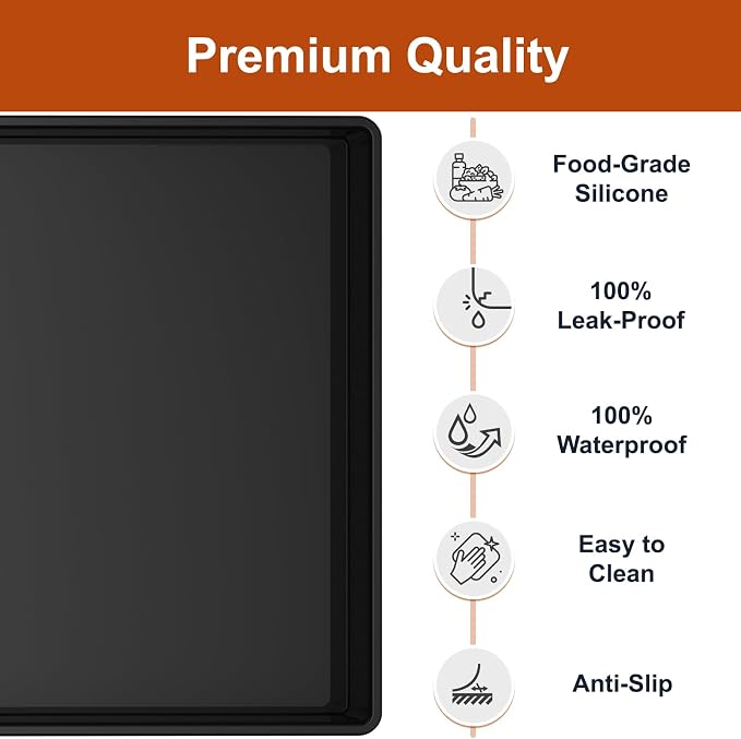 ukeetap 34" x 22" Extra Thick Silicone Mat Waterproof with Raised Edge, Under Sink Mat for Kitchen & Bathroom, Kitchen Cabinet Liner, Multi-Purpose for Storage & Protection, Black