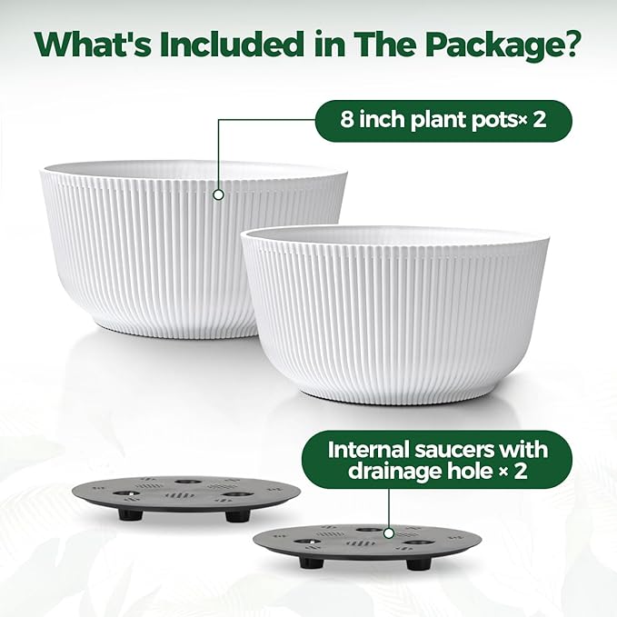 T4U 8 Inch Self Watering Pots for Indoor Plants, 2 Pack Plant Pots, Durable Plastic Self Watering Planter for Indoor Plants (2 Pack, 8", White)