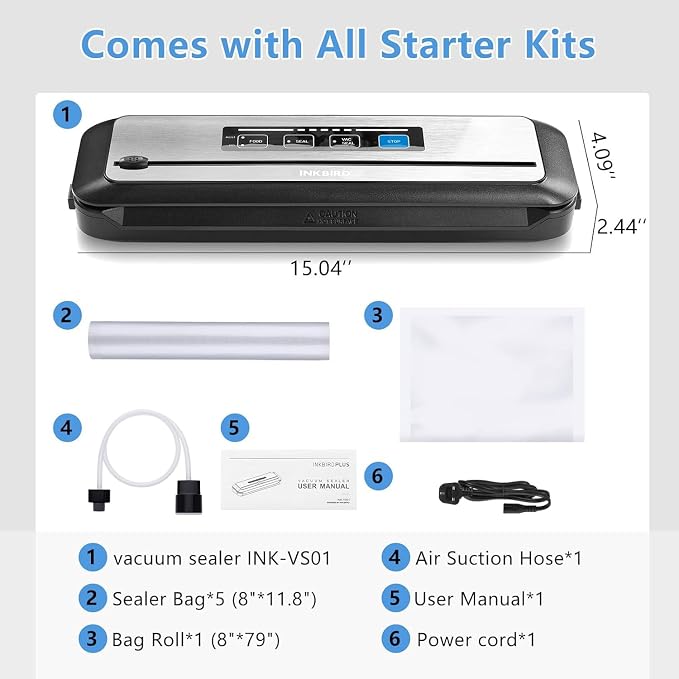 Inkbird Vacuum Sealer Machine with Starter Kit, Automatic PowerVac Air Sealing Machine for Food Preservation, Dry & Moist Sealing Modes,Built-in Cutter,Easy Cleaning Storage
