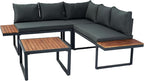 4 Piece Outdoor Patio Furniture Wicker L-Shaped Sectional Sofa Set with Built-in Side Table&Wood TeaTable, 5-Seater Seating Group Couch, for Garden Backyard, Dark Grey Cushion