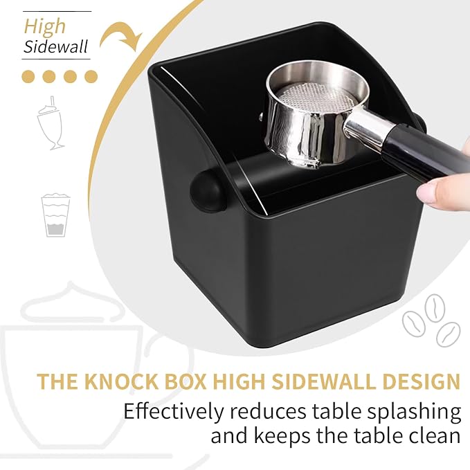 IAOSEN Large Square Knock Box Shock-absorbent Knock Box Espresso with Removable Knock Bar and Non-Slip Base Espresso Accessories for Home/Office (Large Black Knock Box with Tamper Mat)