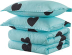 Love Pattern Girls Comforter Set King Size, Sky Blue Cute Love Heart Print Comforter Bedding Set for All Seasons, Geometric Soft Microfiber 3 Pieces Comforter Set with Pillowcases