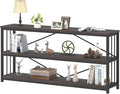 IBF Wood and Metal Book Shelf, Industrial Rustic Low 3 Tier Bookshelf, Farmhouse Long Wide Vintage Horizontal Bookcase, Modern Large Open Etagere for Home Office Living Room Bedroom, Gray Oak, 63 Inch