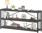 IBF Wood and Metal Book Shelf, Industrial Rustic Low 3 Tier Bookshelf, Farmhouse Long Wide Vintage Horizontal Bookcase, Modern Large Open Etagere for Home Office Living Room Bedroom, Gray Oak, 63 Inch