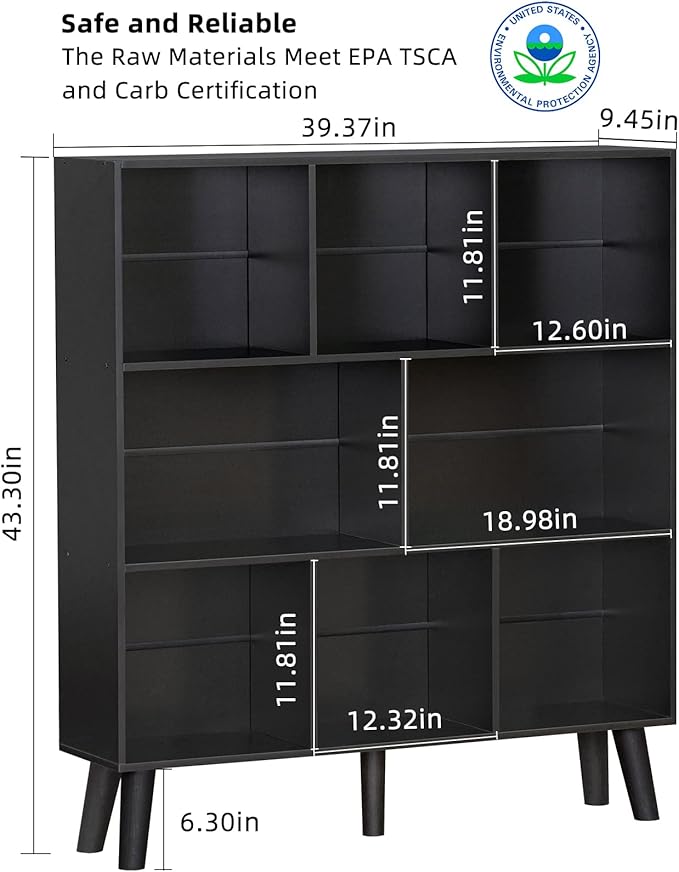 YAHARBO 8 Cube Bookshelf,3 Tier Bookcase with Legs,Black Mid-Century Modern Bookshelves,Large Free Standing Open Storage Organizer Shelf,Tall Wooden Book Case Furniture for Bedroom,Living Room,Office