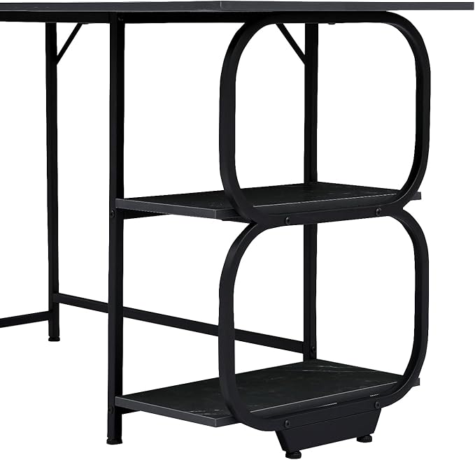 Black Marble 47inch Computer Desk Writing Workstation Home Office Table with 2-Tier Storage Shelves for Small Space