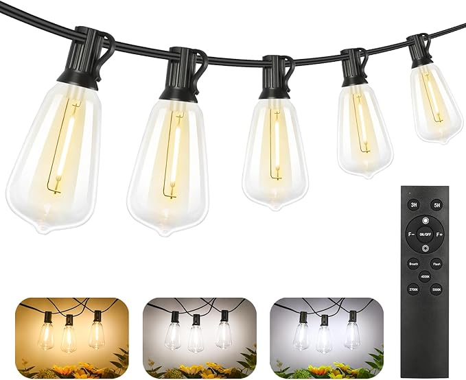 Brightever 150FT Outdoor Lights with Remote, 2700K/4000K/5000K Selectable LED String Lights for Outside with 75+2 ST38 Shatterproof Edison Bulbs, 3 Modes Dimmable Waterproof Hanging Lights for Patio