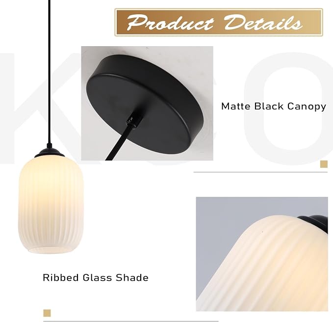 KCO Farmhouse Black Small 5.5” Ribbed Cylinder White Glass Pendant Light | Adjustable Cord E26 Hardwired Hanging Lamp Mid Century Modern Vintage Hanging Light for Kitchen Island Bedroom Dining Room