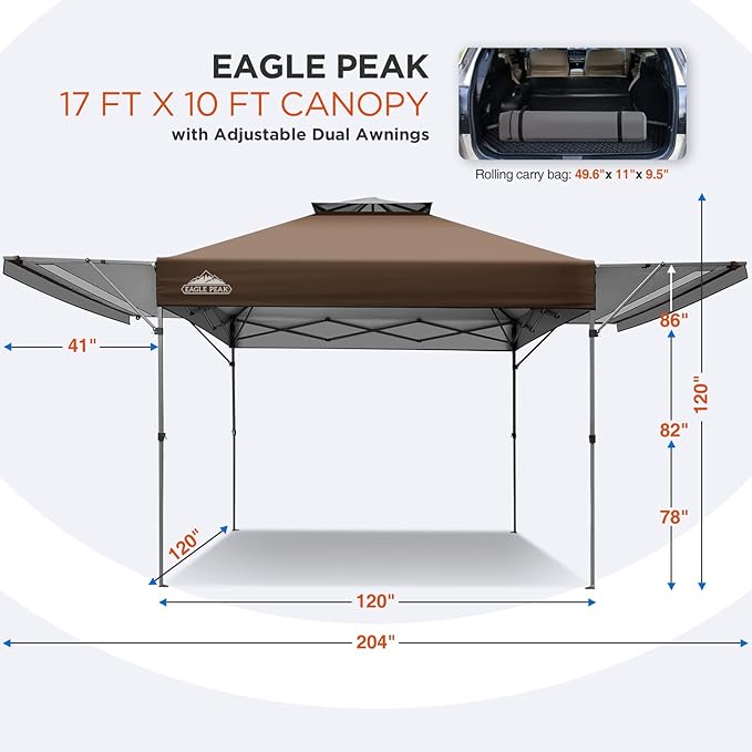 EAGLE PEAK 17x10 Pop up Gazebo Canopy Tent Outdoor Instant Canopy Shelter with Adjustable Dual Half Awnings (Brown)