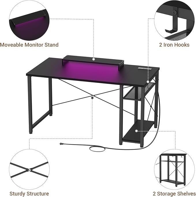 armocity Computer Desk with LED Lights, Gaming Desk with Power Outlet and USB, 40 Reversible Laptop Table with Moveable Monitor Stand, Small Desk for Small Spaces, Office, Gaming Room, Black
