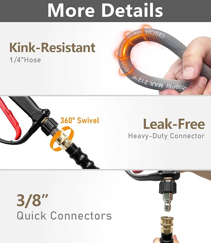 Pressure Washer Hose 200FT 4000 PSI, Kink Resistant Steel Braided Layer & NonMarking Rubber for Hot/Cold Water, High Power Washer Hose With 3/8 Inch Quick Connect & M22 Fitting, Gray