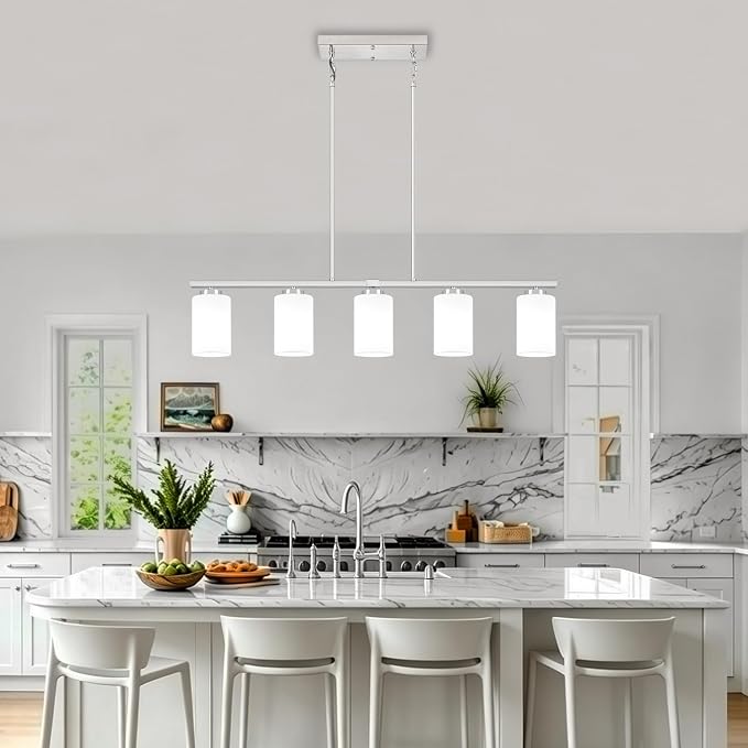 5-Light Kitchen Island Lighting Brushed Nickel Dining Room Light Fixtures | Modern Linear Chandelier Over Table, Adjustable Kitchen Lighting Fixtures Over Island with White Frosted Glass