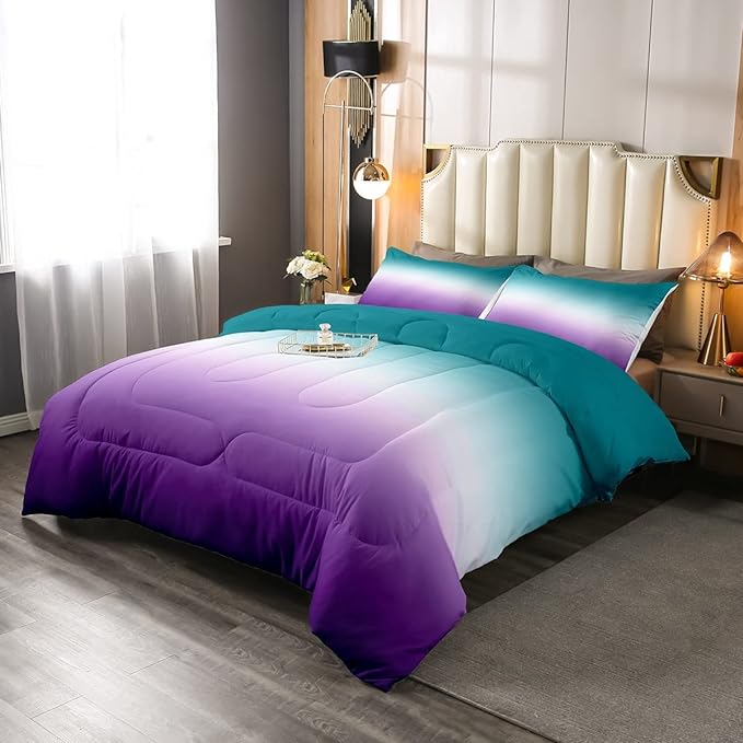 Erosebridal Ombre Comforter Set Green Purple Teal Bedding Set Full Size Colorful Gradient Down Comforter Modern Abstract Quilt Duvet Insert Soft Warm Lightweight 1Comforter with 2 Pillow Cases