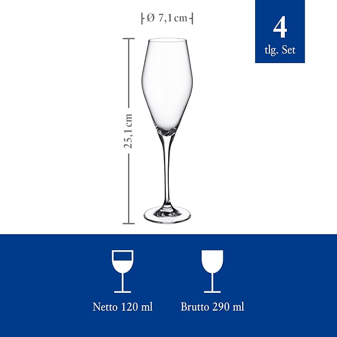 Villeroy & Boch La Divina Collection Champagne Flute, 4 oz Capacity, Set of 4 Crystal Glass, Made in Europe | Crystal glass champagne flutes, made in Europe, dishwasher safe, finely curved for champagne or sparkling Prosecco