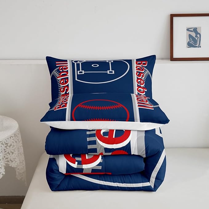 Feelyou Baseball Print Bedding Set Queen Size Sports Game Comforter Set for Kids Boys Girls Decor Baseball Gaming Comforter Microfiber Ball Duvet Set Bedroom Quilt Set