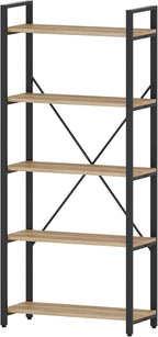 FATORRI 5 Tier Bookshelf, Industrial Wood and Metal Book Shelves for Display, Tall Etagere Bookcase and Rustic Shelving Unit (Rustic Oak)