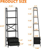 Furologee 5-Tier Ladder Shelf with 2 Drawers,Narrow Bookshelf Storage Shelves,Industrial Bookcase Freestanding Shelf Units for Bedroom,Living Room,Bathroom,Home Office,Balcony,Wood Metal, Black Oak