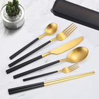 AARAINBOW 6 Pieces Stainless Steel Flatware Set Portable Reusable Cutlery Set Travel Utensils Set Including Chopsticks Knife Fork Spoon Straws Cleaning Brush Dishwasher Safe (B-Black golden)