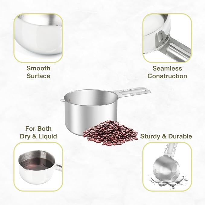 2PCS 2/3Cup (160ml, 5.3oz) Single Measuring Cup, Etched Inner Scale Stainless Steel Measure Scoop, Metric and US Measurement, Dishwasher Safe