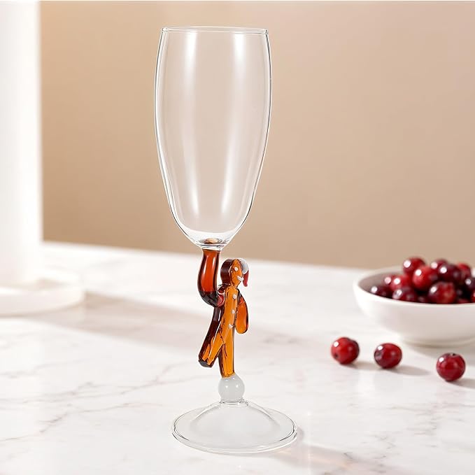 Festive Wine Glass with Stirrer, 7oz Gingerbread Man Glass Cup | Decorative Christmas Stemware for Holiday Tableware Cocktail Juice Red Wine, Winter Glassware