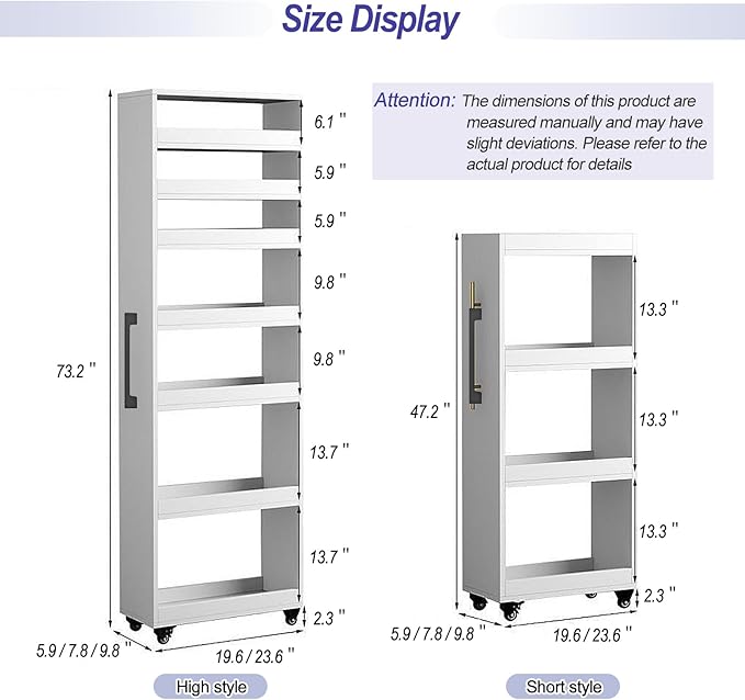 7-Tier Slim Storage Cart, Wooden Rolling Pantry Cabinet with Wheels, Narrow Shelf Organizer for Kitchen, Bakers Rack, Dining Room, Closet, Small Spaces Gray 47.2" H*5.9" W*23.6" D
